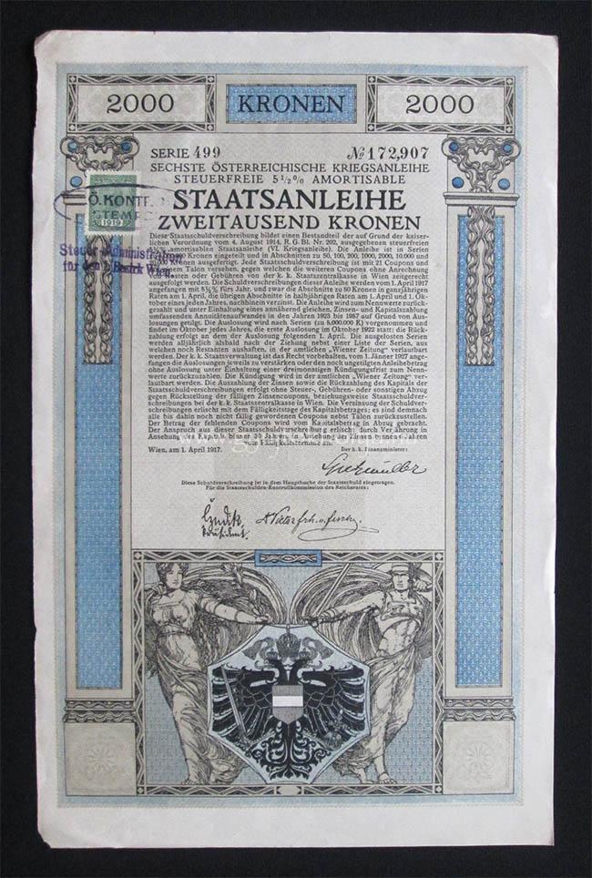 Osztrák 6. hadikölcsön kötvény 2000 korona 1917 Bécs